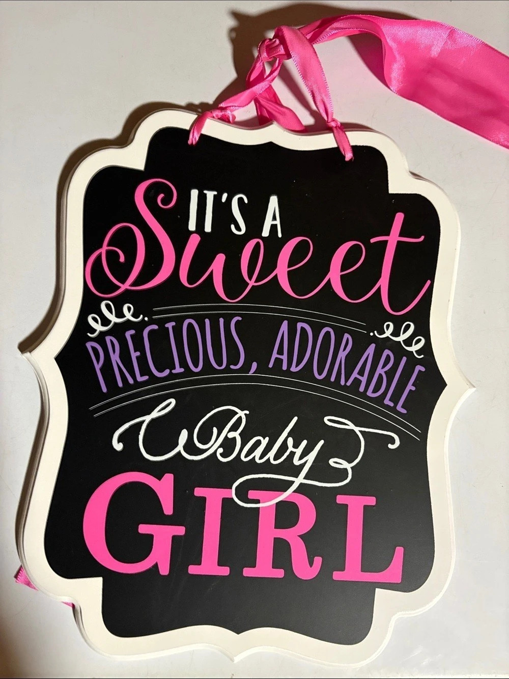 Baby Girl Ribbon Bow Hanger Sign Pink & White